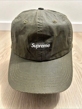 Supreme box logo Waxed/Ripstop Olive/White strapback hat